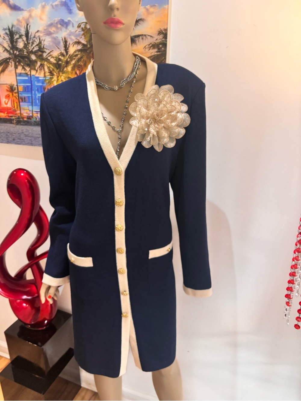 St. John Navy Cream sweater Midi Cardigan Dress buttoned 14 16 L embellished